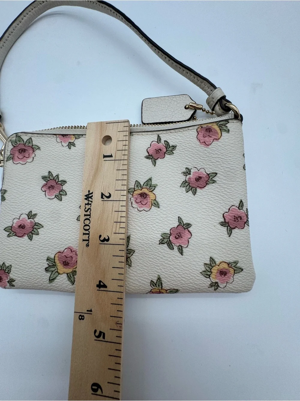 Coach Cream Floral Leather Wristlet with Pink Accents